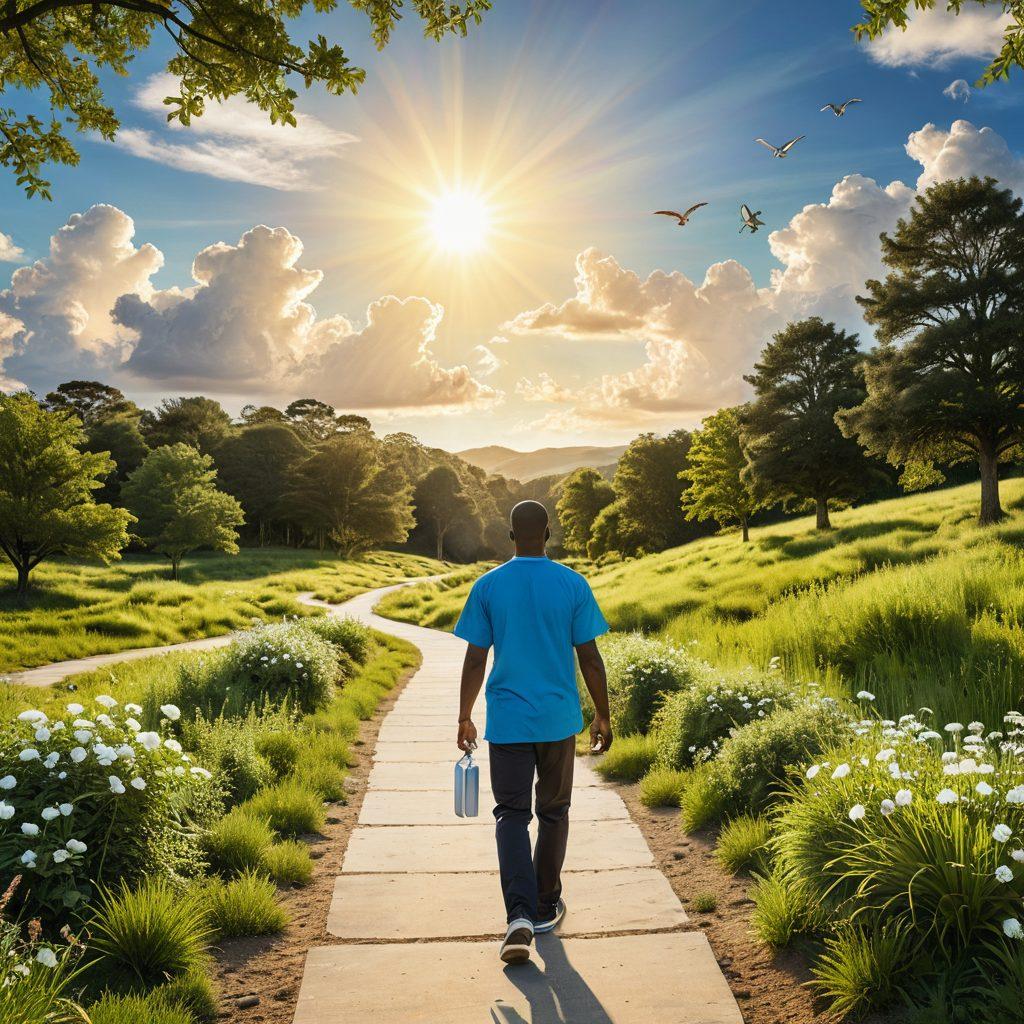 A thoughtful person exploring a winding path through a lush green landscape, symbolizing the journey to affordable healthcare. Scatter icons of medical care like stethoscopes and dollar signs along the path, with a warm sun shining down. In the background, visualize a diverse group of individuals assisting one another, showcasing community support. The sky should be clear blue with fluffy white clouds. vibrant colors. super-realistic.