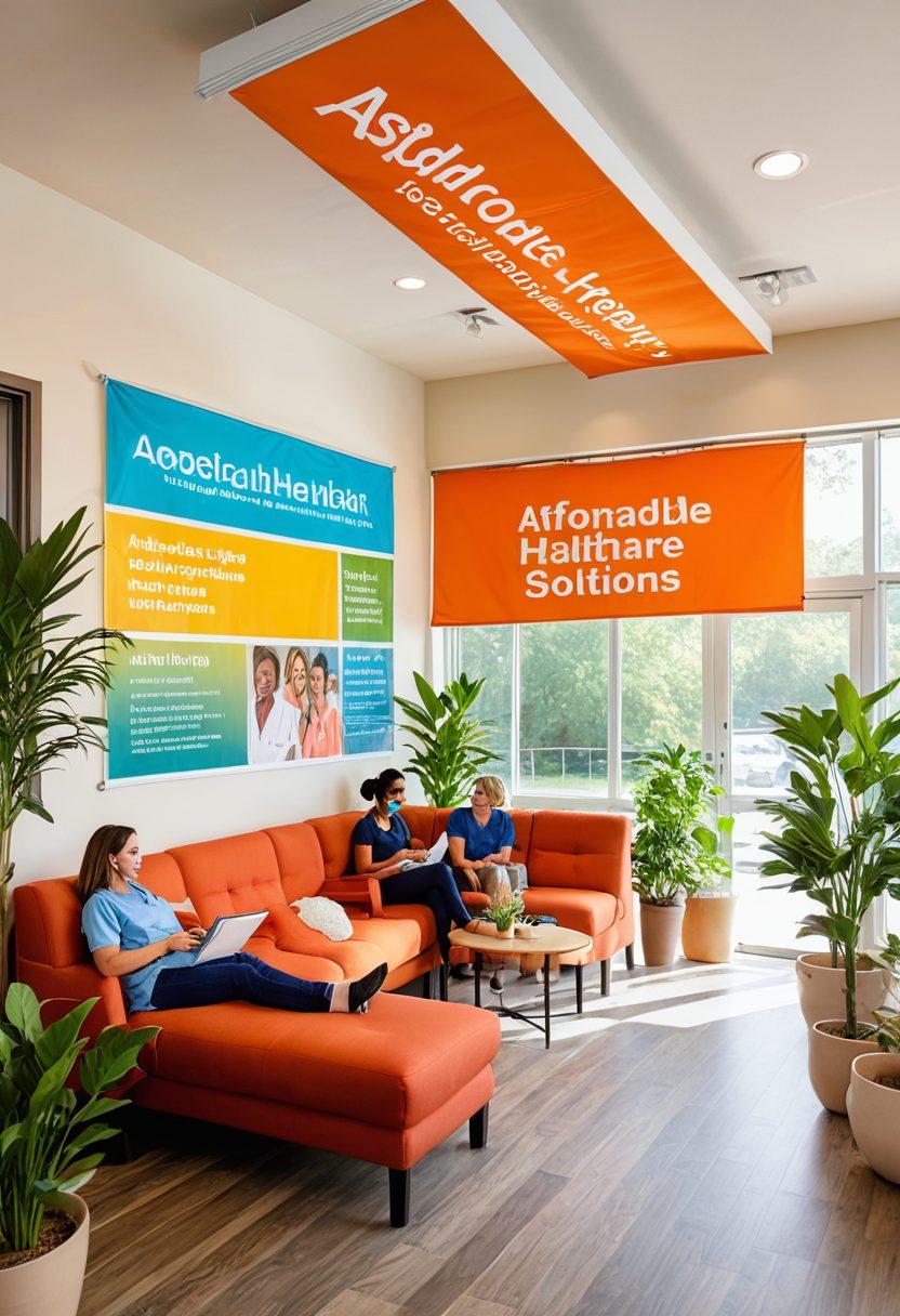 A welcoming community wellness clinic showcasing diverse individuals smiling and engaging in affordable healthcare services, with a large banner reading 'Affordable Healthcare Solutions'. Bright sunlight streams through the windows, illuminating a colorful waiting area filled with plants. Depict various discount clinic signs and friendly healthcare professionals assisting patients. Super-realistic. vibrant colors. warm atmosphere.